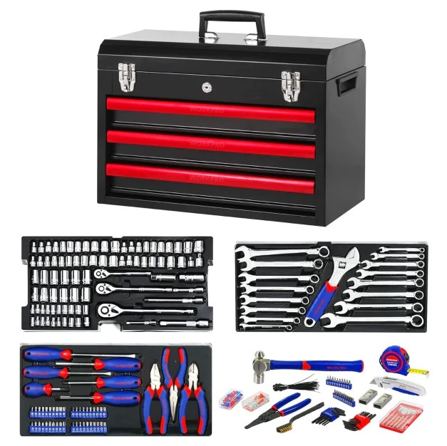 408 Pcs Mechanics Household Repair Tool Kit w/ 3-Drawer Heavy Duty Metal Box